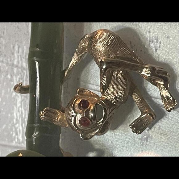 Jewelry - Swoboda Signed Brooch/Pin Monkey Vintage Gold Tone Nephrite Jade W/ Red Eyes